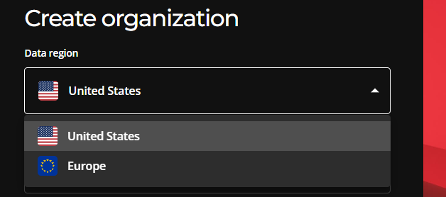Data Region drop down showing the United States and European Union options.
